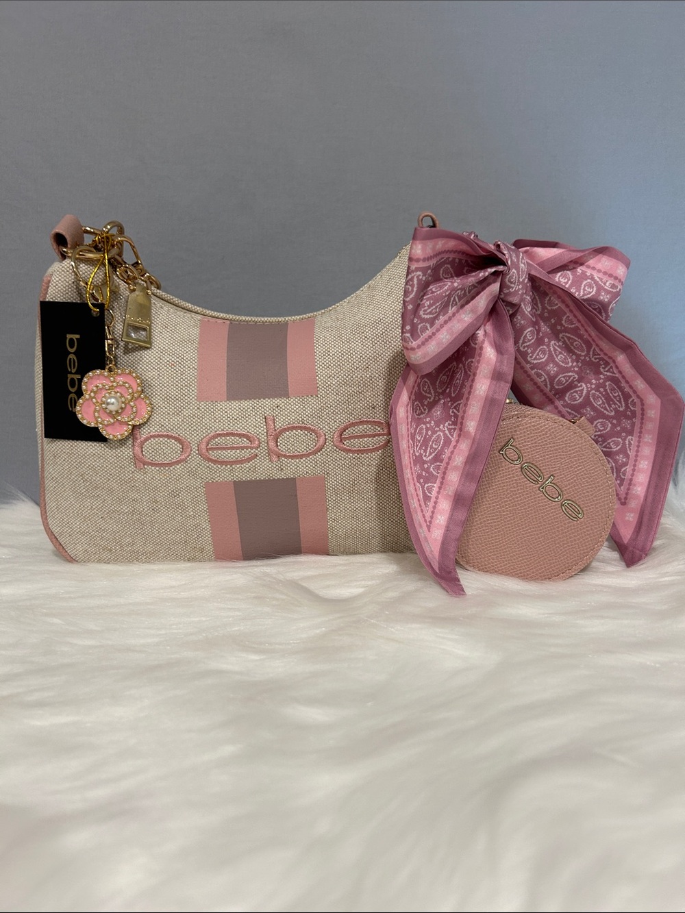 bebe Paisley Canvas Crossbody with Coin Purse Powder Pink with Charm and Scarf